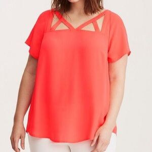 Torrid Georgette Cage Front Top Short Sleeve Blouse Plus Curvy Neon Coral 2X / 2